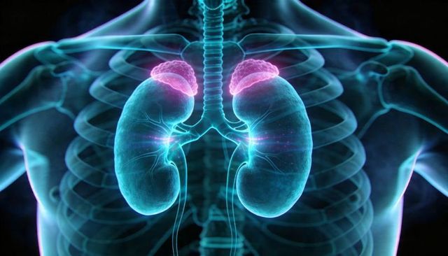 Glowing kidneys and adrenal glands highlighting renal hilum within transparent torso