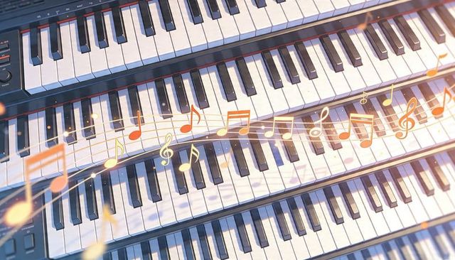 Stacked synth keyboards with floating music notes and warm lens flare overlay