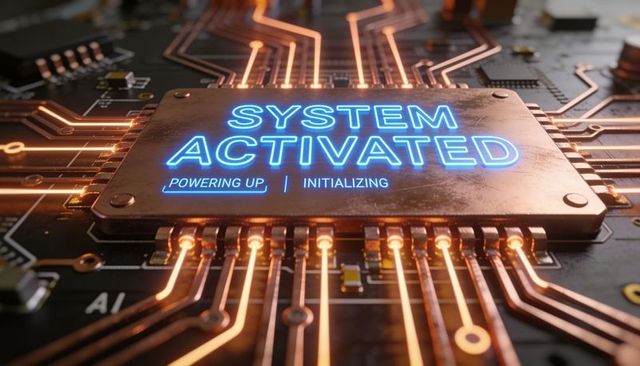 Emitting neon 'system activated' microchip powering up on pcb with glowing copper traces