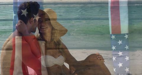 Ethereal Beach Romance Under American Flag Imagery