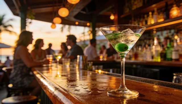 Sunset martini on wet wood bar counter at tropical seaside lounge, warm twilight ambience