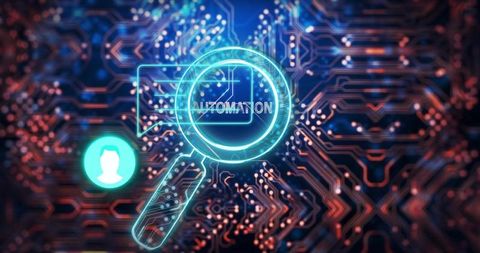 Neon Magnifying Glass Focusing on Automation in Futuristic Digital Network Concept