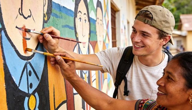 Young volunteer collaborating with local artisan painting vibrant community mural on wall