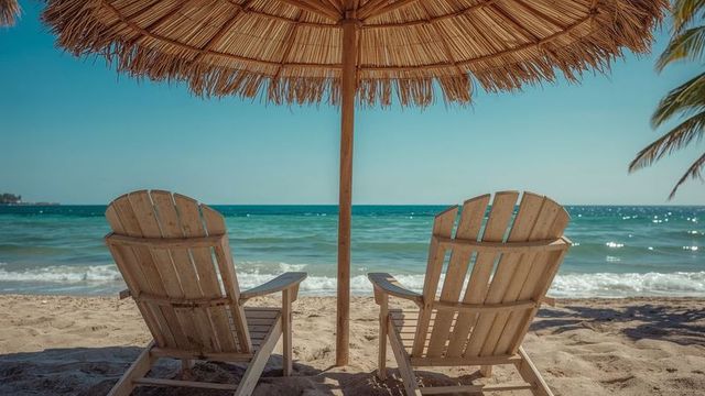 Beachfront Tranquility with Relaxing Lounge Chairs and Umbrella