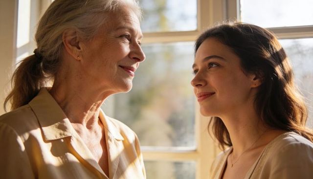 Smiling senior woman and adult daughter sharing warm sunlight and affectionate connection