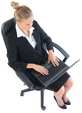 Transparent Woman in Business Attire Working on Laptop