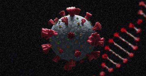 3d rendering of coronavirus with dna strand in background