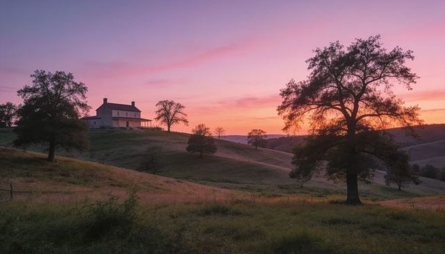 Sunrise over hilltop farmhouse with towering oak silhouette and pastel sky