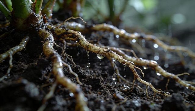 Macro closeup showing pale fibrous plant roots dripping water on dark soil with droplets