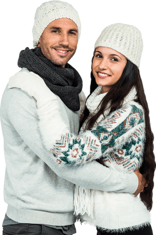 Smiling Couple Embracing in Winter Clothing on Transparent Background