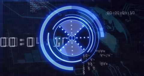 Futuristic blue HUD pulsing with concentric rings, radial X and digital code overlay
