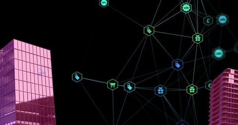 Digital Network Maps With Cityscape and Icons