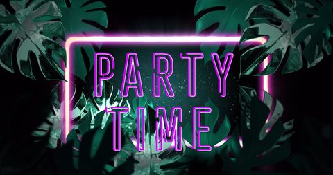 Retro Neon Party Time Poster with Tropical Leaves