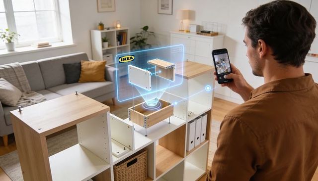 Man scanning modular shelving with ar assembly guide and ikea holographic overlay