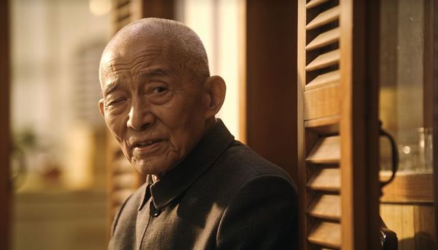 Contemplative elderly man sitting by wooden shutters, warm golden window light portrait