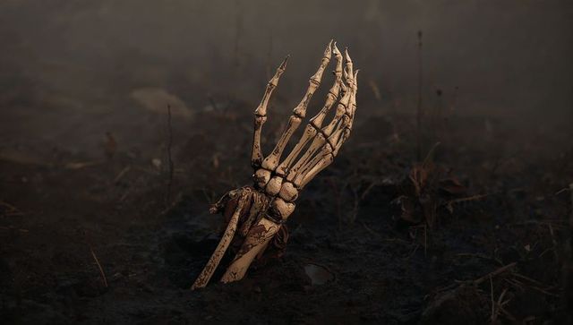 Eerie skeleton hand rising from swamp at night
