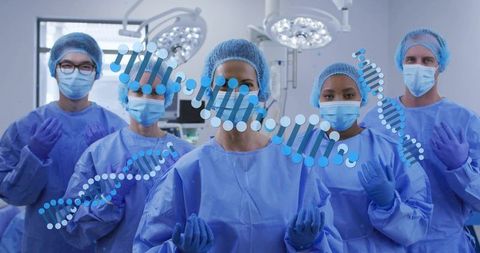 Posing surgical team in operating room with dna helix overlay representing genetics