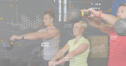 Group performing kettlebell swings with digital hexagon overlay for fitness training and strength