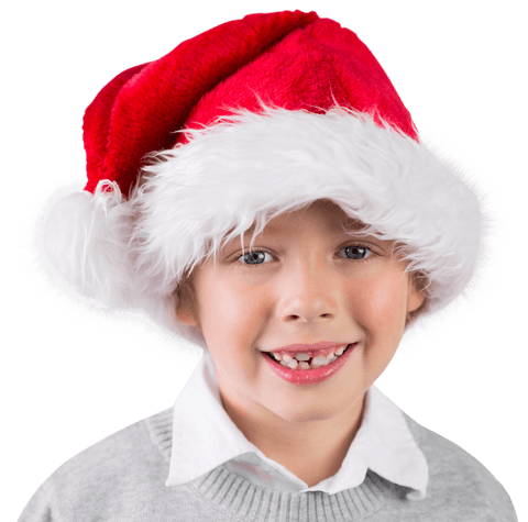 Joyful Caucasian Boy Wearing Christmas Santa Hat on Transparent Background