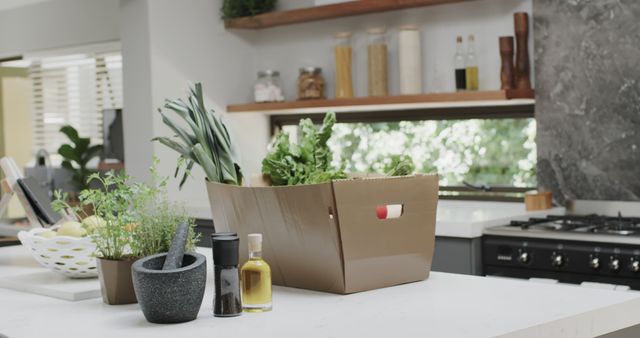 Eco-friendly grocery box filled with fresh vegetables including leafy greens and herbs, placed on kitchen counter in stylish, modern kitchen. Ideal for illustrating concepts of sustainable living, home grocery delivery services, and healthy eating habits. Perfect for use in advertisements for eco-friendly products, organic produce, or modern lifestyle content.