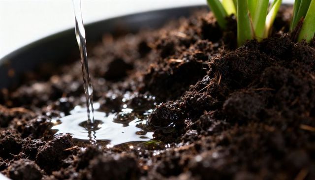 Watering potting soil forming puddle near young green shoots macro closeup for gardening