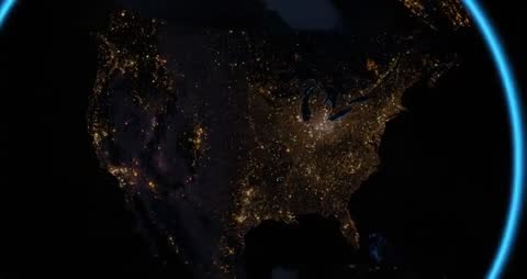 Illuminated USA Night View from Space with Futuristic Blue Ring Effect