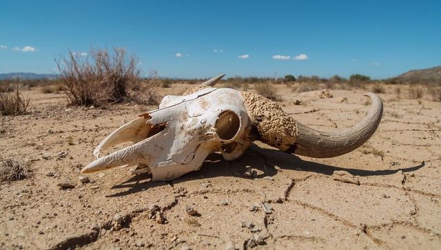 Bleached horned skull resting on cracked desert soil with mud-encrusted horn