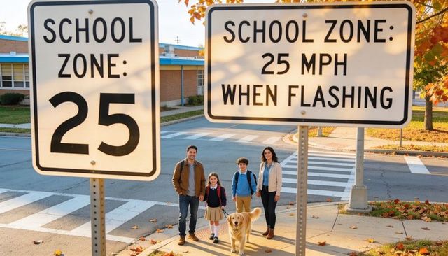 Family walking across school crosswalk with golden retriever under school zone speed signs