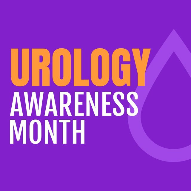 Illustration of urology awareness month text with drop over violet background, copy space. Urological disease, cancer, support, awareness, healthcare and prevention concept.