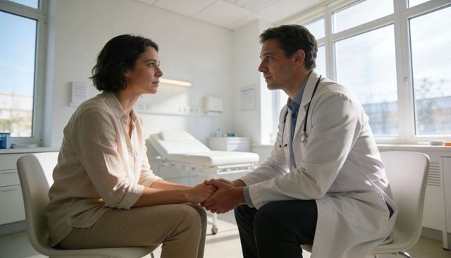Doctor holding patient hand during compassionate consultation in bright clinic