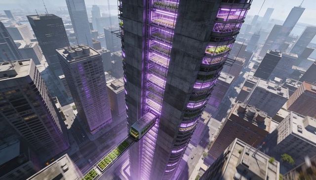 Vertical farm tower with purple neon terraces and monorail gliding through futuristic city