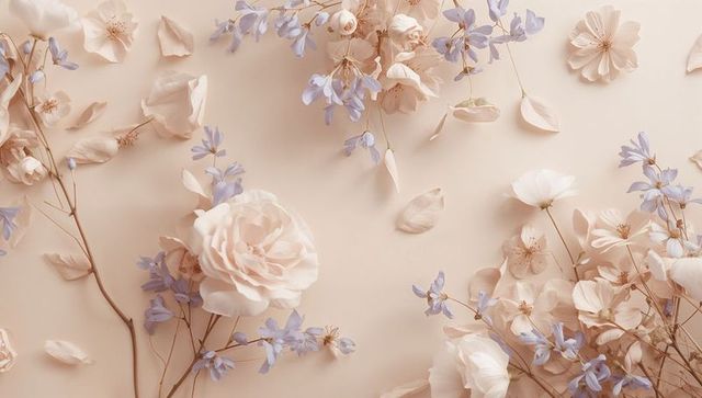 Blush rose and lavender flatlay with scattered petals on soft beige background for elegant branding