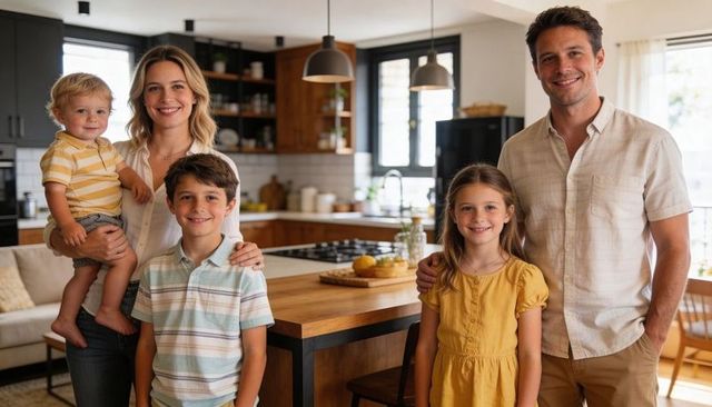 Modern family of five smiling and standing in bright farmhouse kitchen holding toddler
