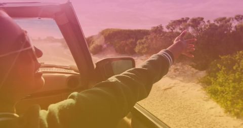 Joyful Road Trip at Seaside with Sunset Light Filter