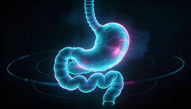 Glowing neon 3d gastrointestinal tract hovering in virtual hud with stomach esophagus colon