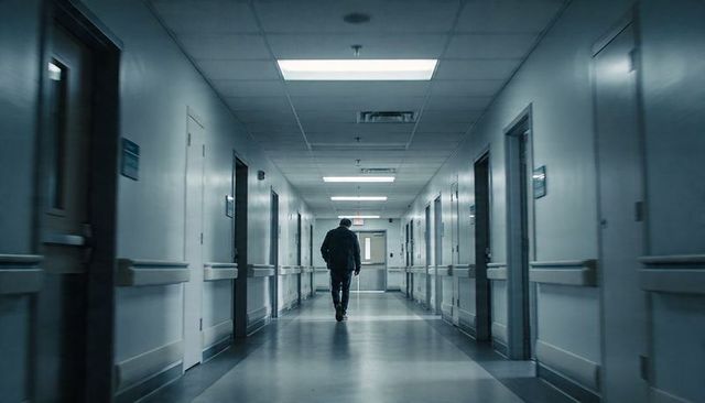 Solitary man walking down hospital corridor toward exit under teal fluorescent lighting
