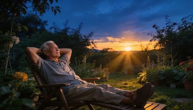 Senior man relaxing on wooden lounge chair in garden watching sunset glow