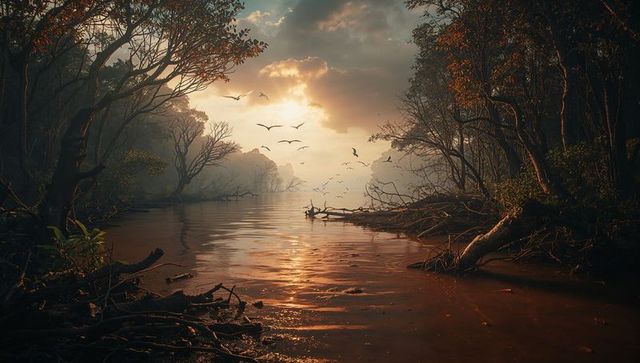 Sunset Over Tranquil Swamp With Birds and Reflections