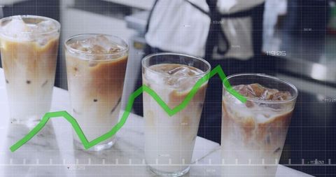Iced coffee sales climbing: four glasses on marble counter with green growth graph overlay
