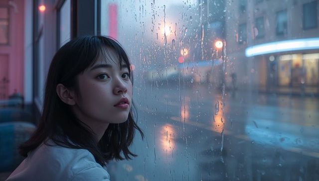 Contemplative Woman Looking Through Rainy Window in Cafe