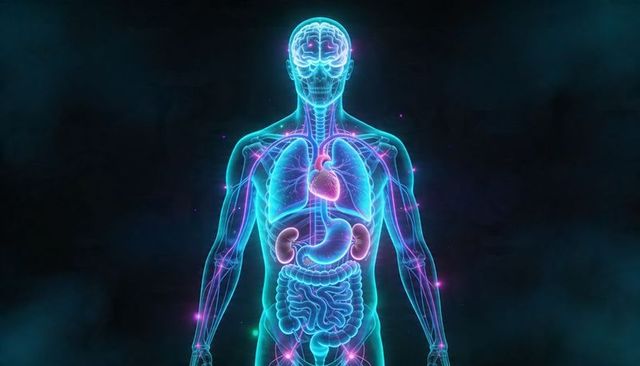 Neon holographic human anatomy diagram showing brain, heart, lungs, organs and neural network