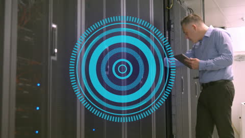 Businessman Analyzing Server Room with Digital Interface