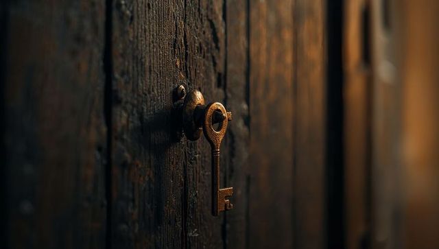 Vintage Brass Key in Weathered Wooden Door Keyhole