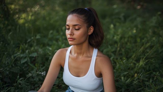 Hispanic woman meditating in meadow wearing white tank top and denim, serene calm wellness portrait