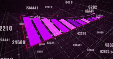 Magenta 3d bar chart showing upward trend on neon grid with floating numerical data