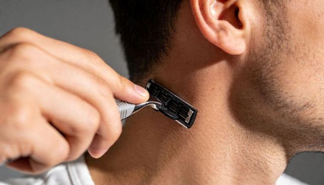 Trimming male jawline with cartridge razor closeup for precise beard line and grooming
