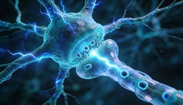 Neuronal synapse transmitting electric impulse with glowing vesicles and myelin sheath