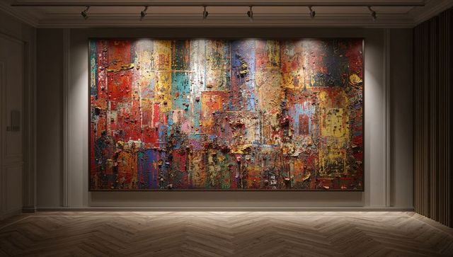 Large textured abstract impasto canvas under dramatic gallery spotlights, vibrant colorblock panels