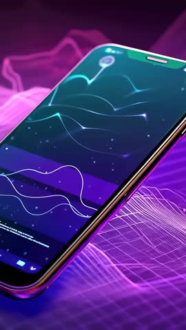 Vertical smartphone tilting neon grid revealing pulsing waveform interface for tech intros