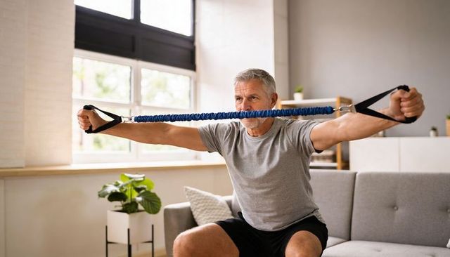 Mature man exercising with resistance band on sofa at home seated upper-body workout